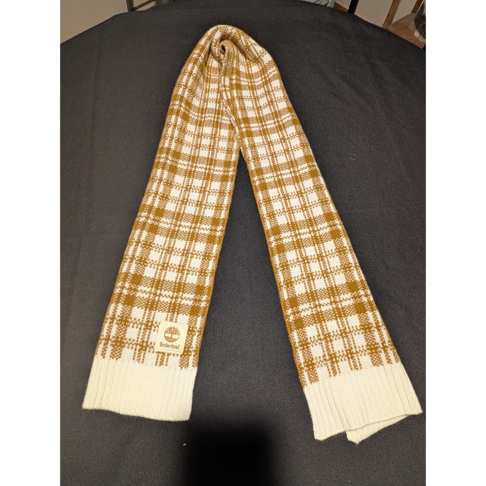 Timberland Plaid Knit Scarf Mustard Yellow Cream Acrylic Winter Wrap Logo Patch